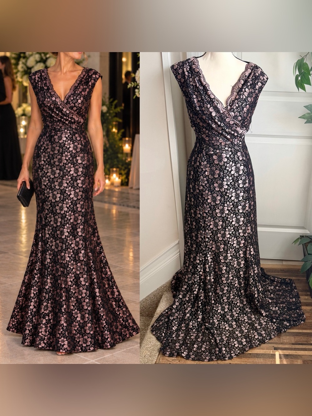 Tahari Arthur S Levine Metallic Lace Formal Evening Gown Black Blush Sz 10